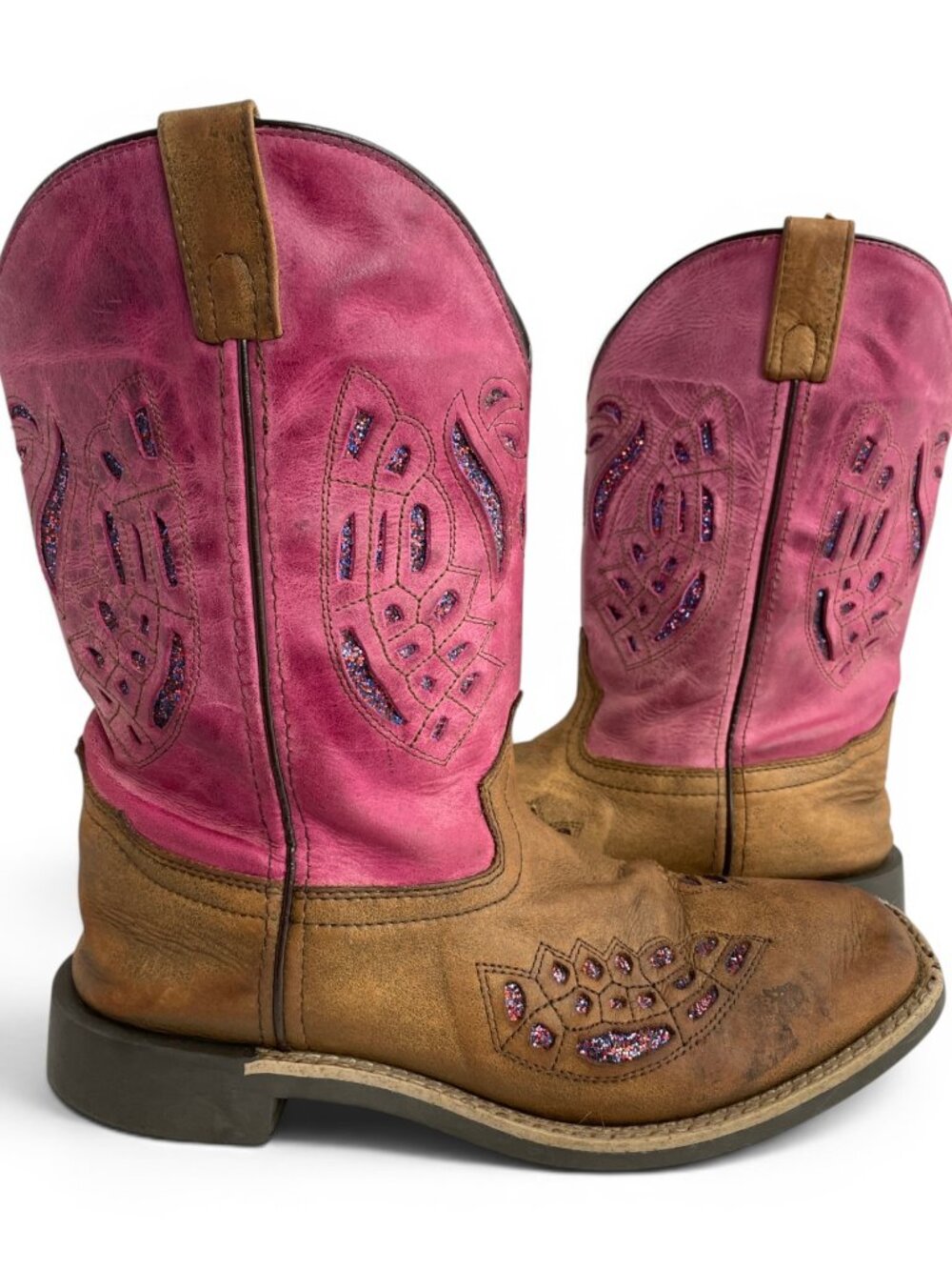 Shyanne Pink Tan Glitter Leather Western Cowgirl Square Toe Boots Women's 6 D